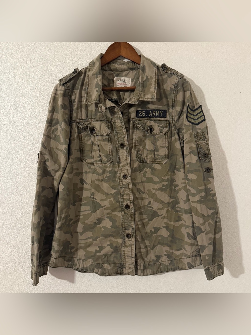 Ashley By 26 International 100% Cotton Camo Utility Jacket Green/Tan Size Large